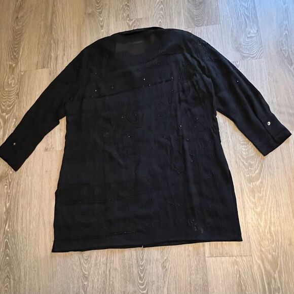 VTG Chico’s Black Beaded Oversized button Up Tunic Swim Cover Up Split Hem 3 XL - Picture 5 of 16